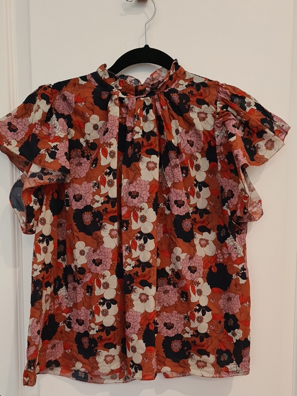 Trovata Rust Floral Ruffle Sleeve Blouse with Pink & Black Accents